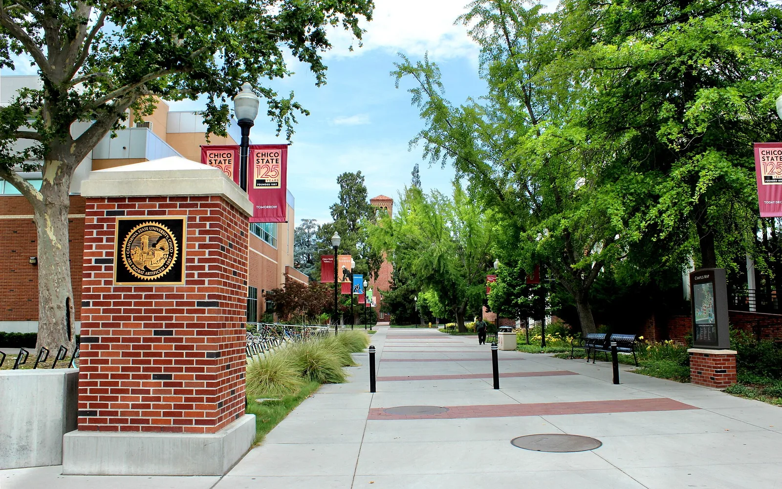 Entrance walkway and brick campus marker at California State University, Chico.